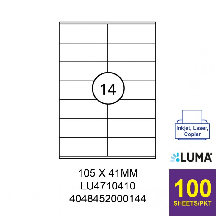 LUMA LU4710410 LABEL FOR INKJET / LASER / COPIER 100 SHEETS/PKT WHITE 105X41MM